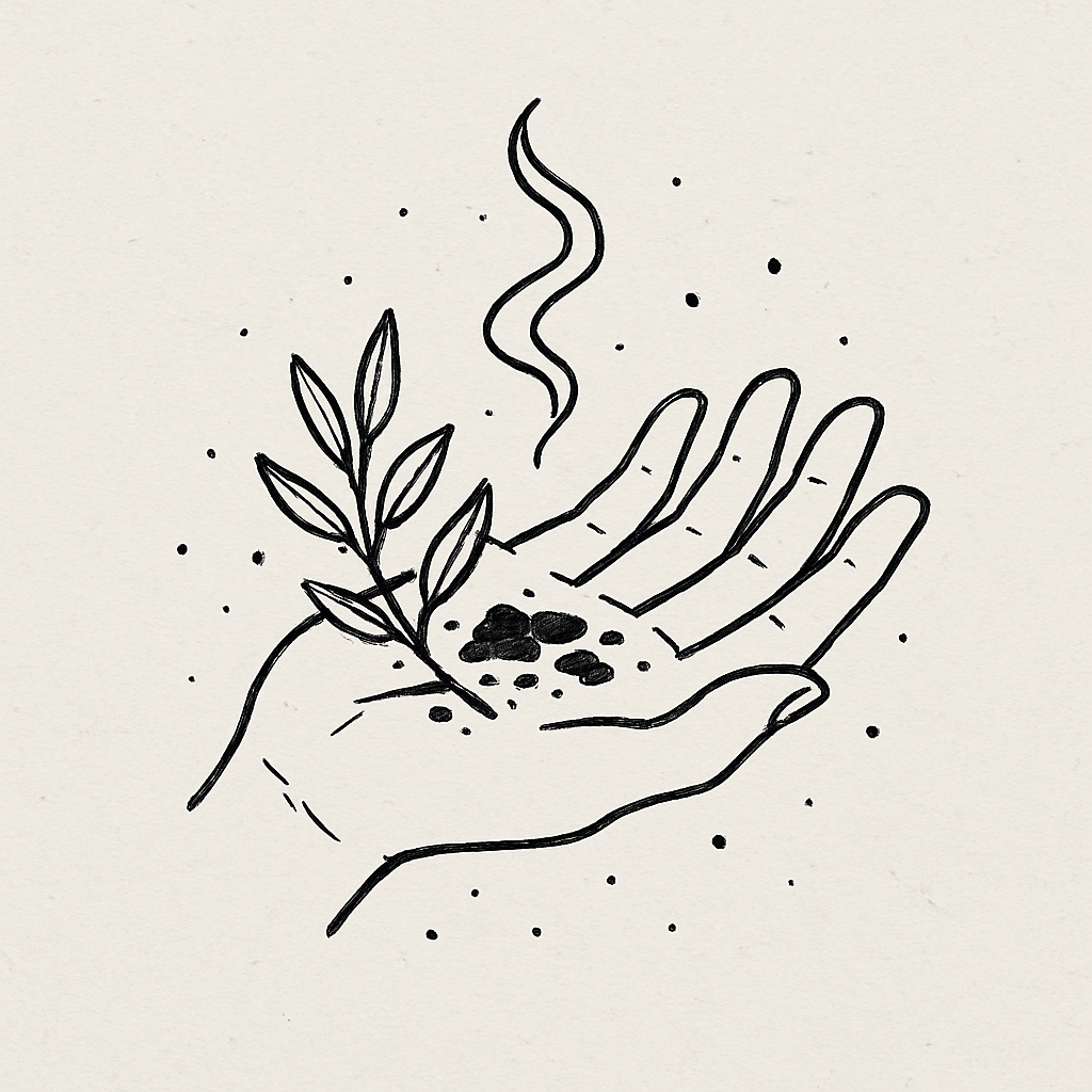 Black and white line drawing of a hand holding herbs and smoke rising above.